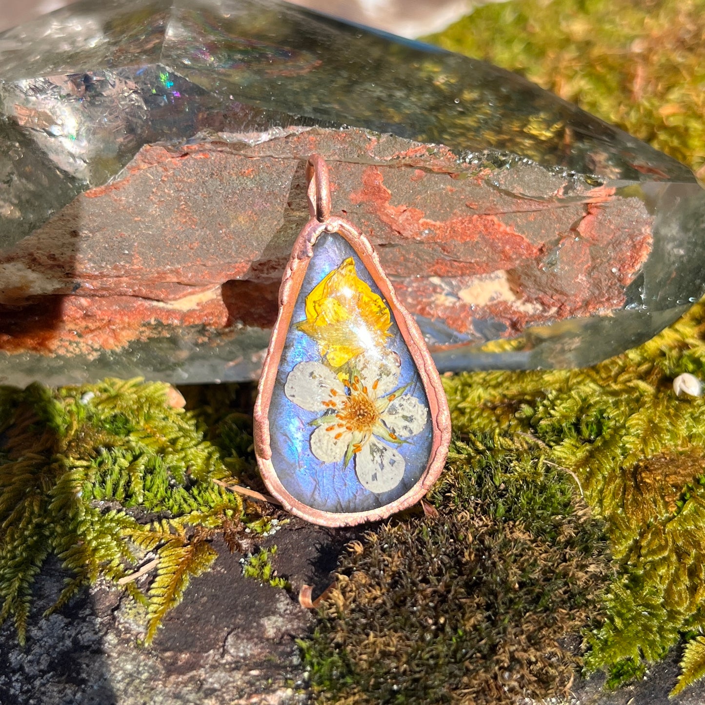 Real Labradorite crystal and resin Vermont flowers 