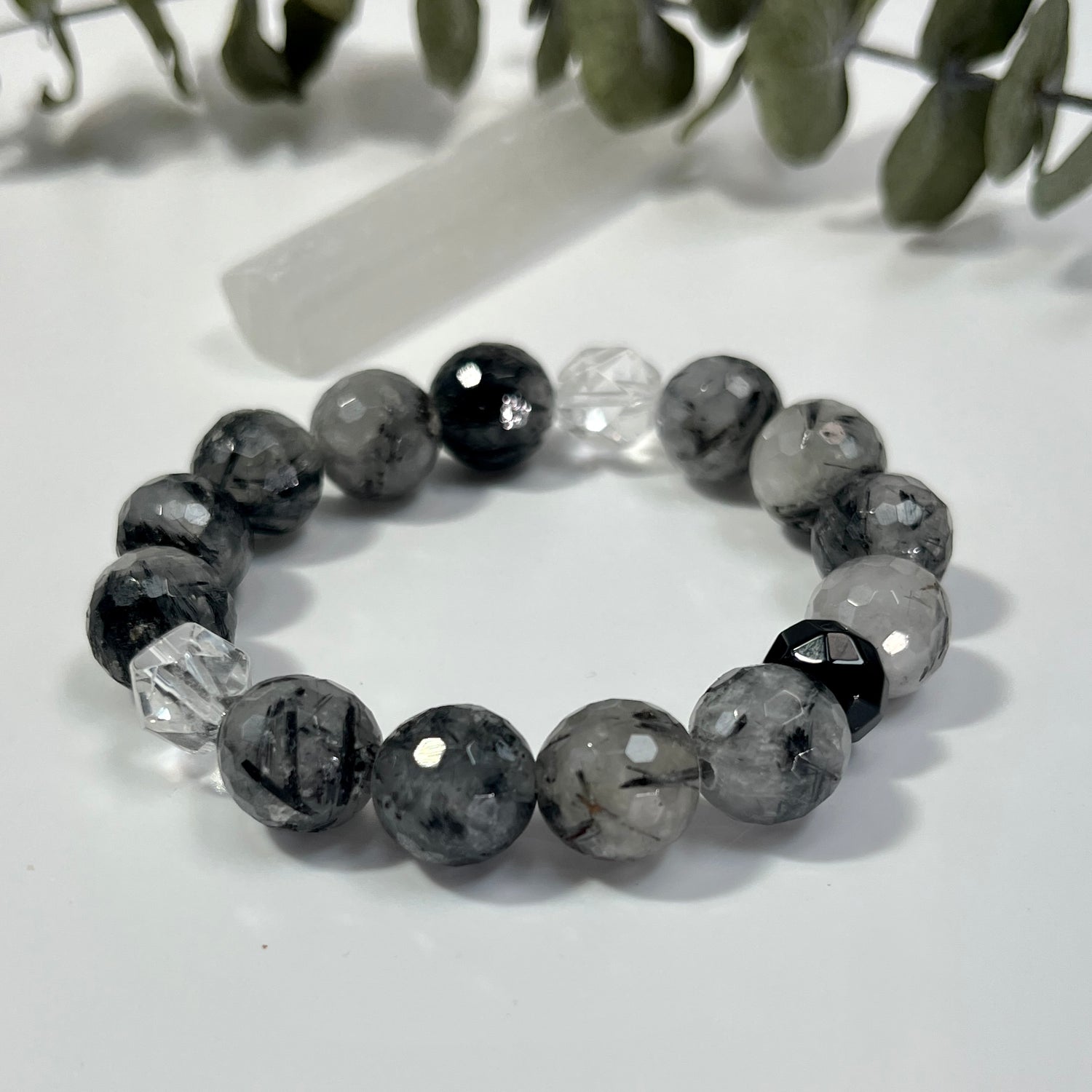 Black and clear beaded crystal stretch bracelet Tourmalated Quartz