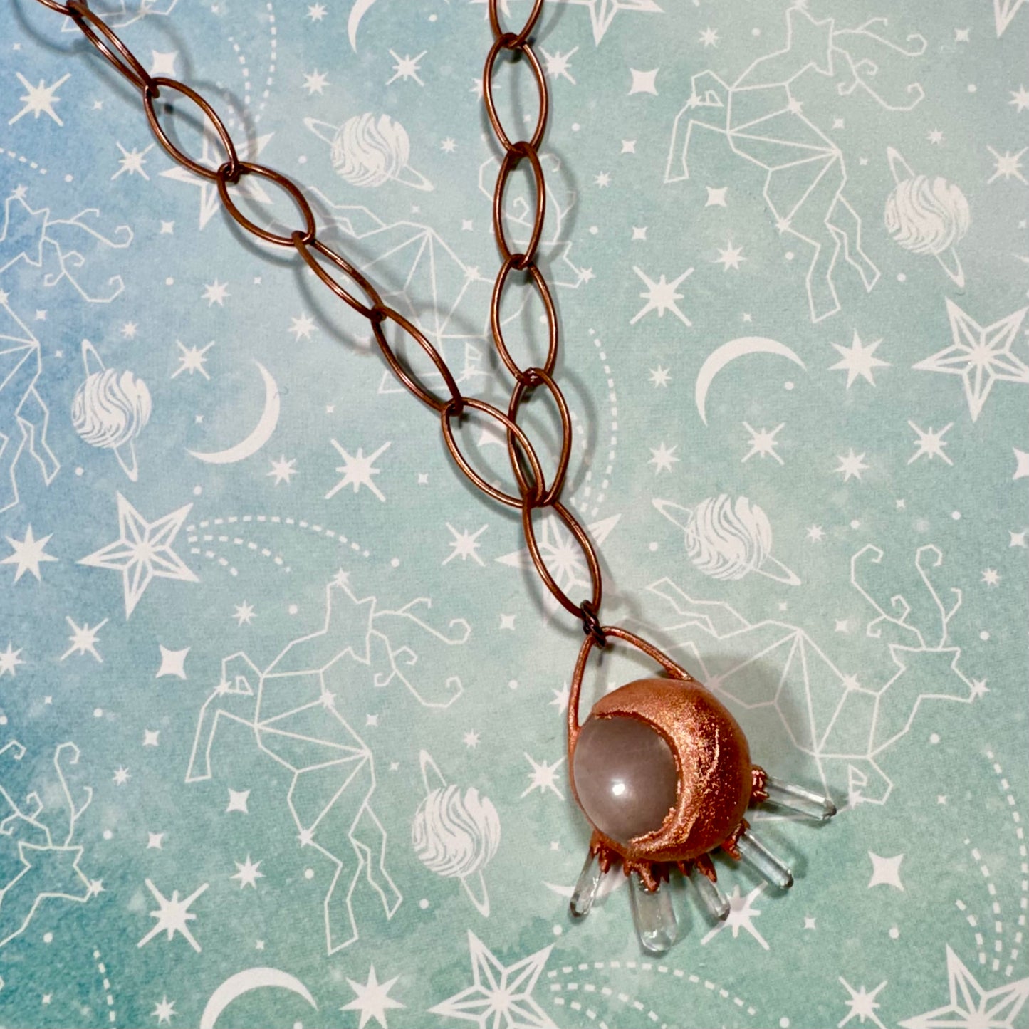 Handmade, electroformed, copper, and crystal celestial necklace
