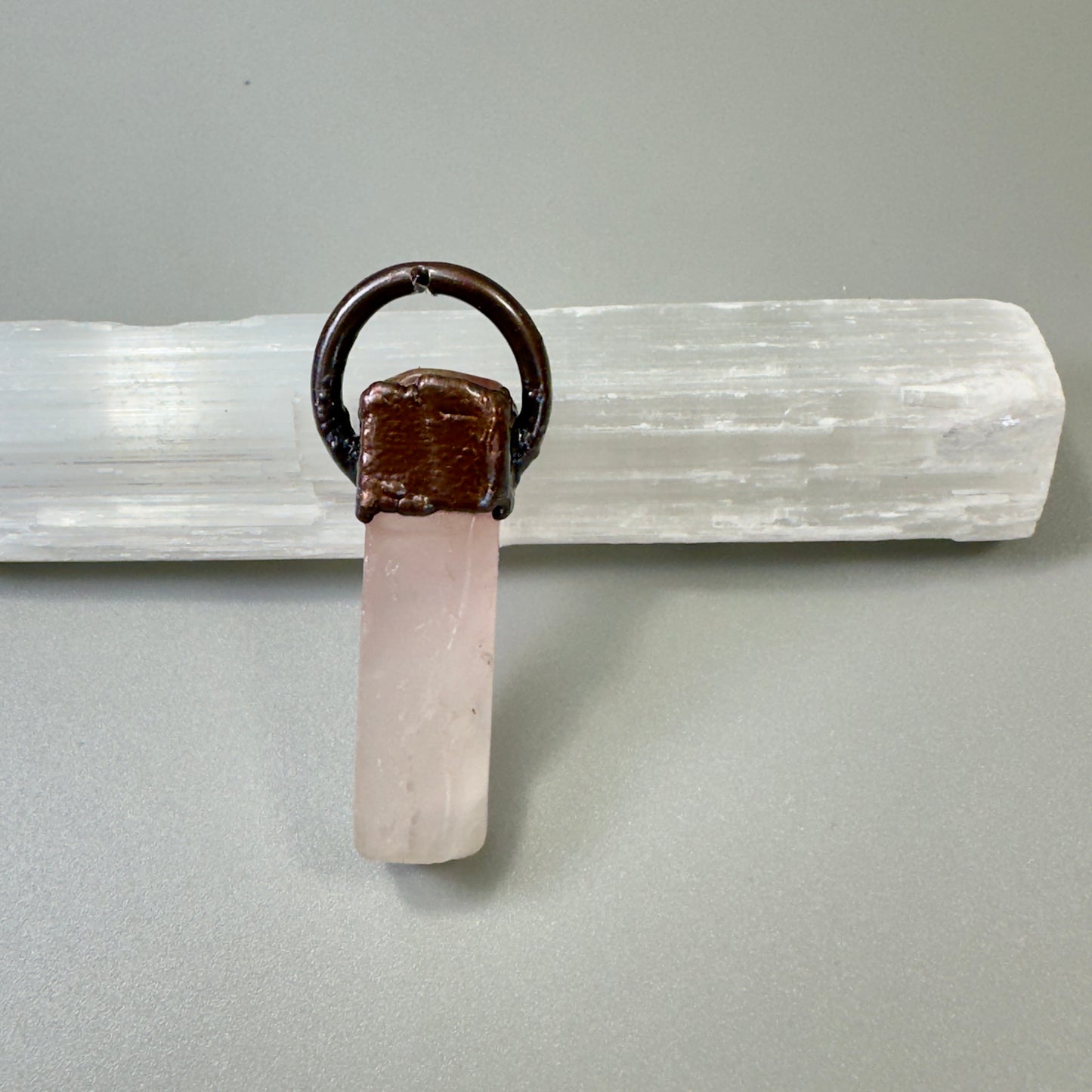 Copper electroform Brazilian rose quartz crystal unisex necklace
