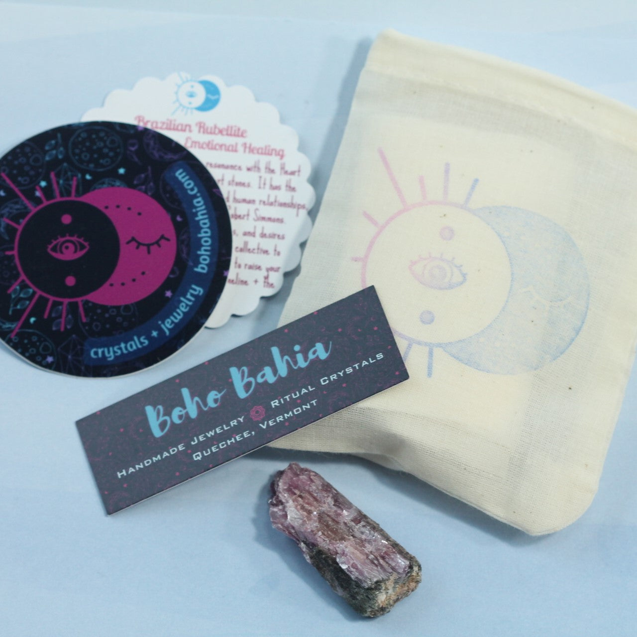 Real brazilian crystals arrive gift wrapped in a gift bag with a metaphysical crystal card
