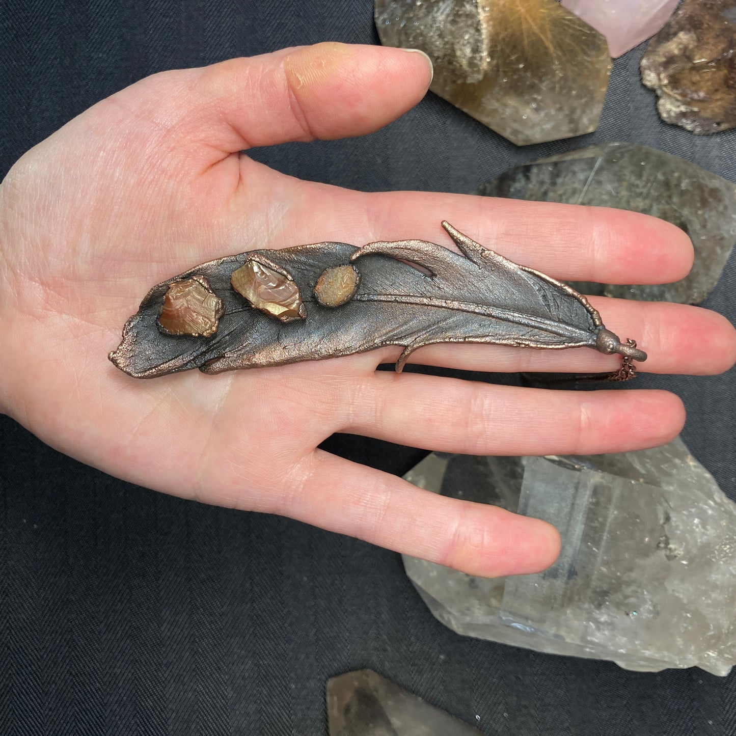 Real Feather Necklace with Three Agates