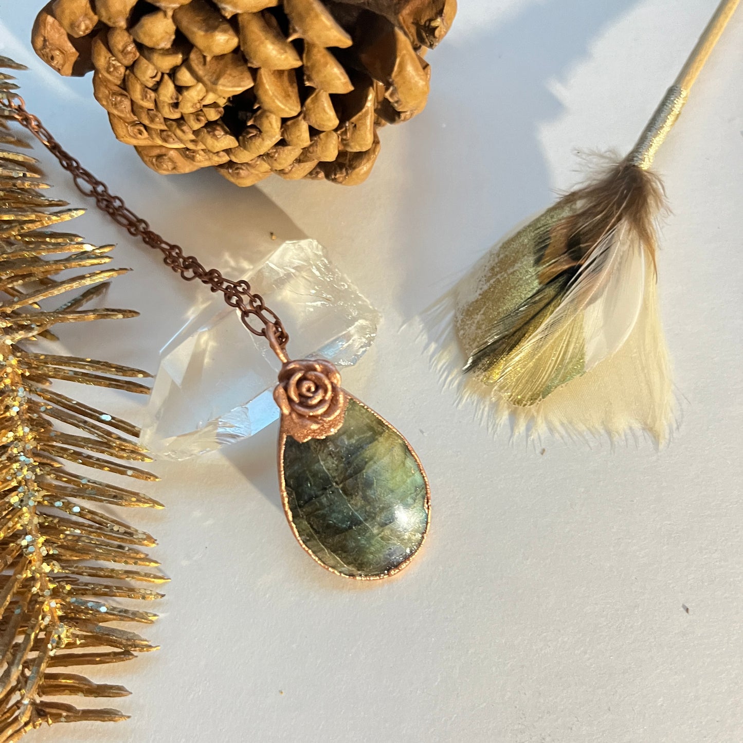 Handmade crystal jewelry, labradorite electroformed pendant on copper chain necklace. 