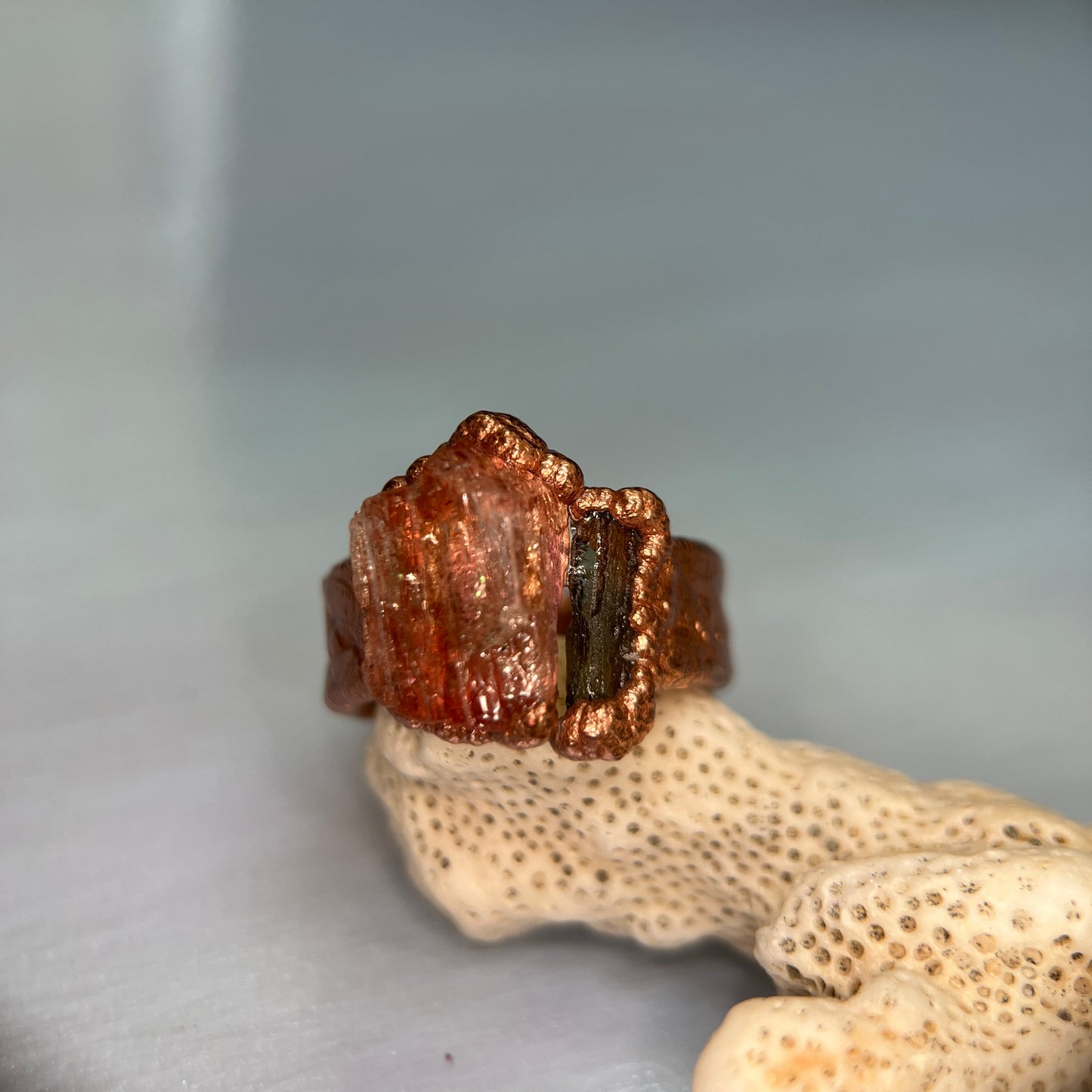 Golden Topaz and Green Moldavite Ring 6.5