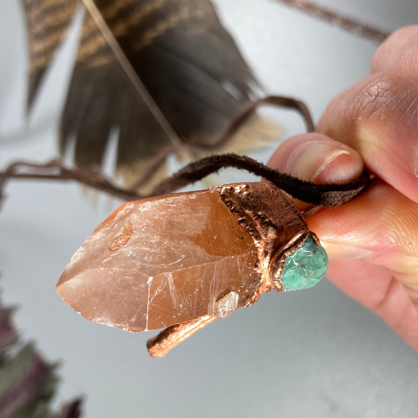 Copper Electroformed Crystal Necklace Quartz + Emerald