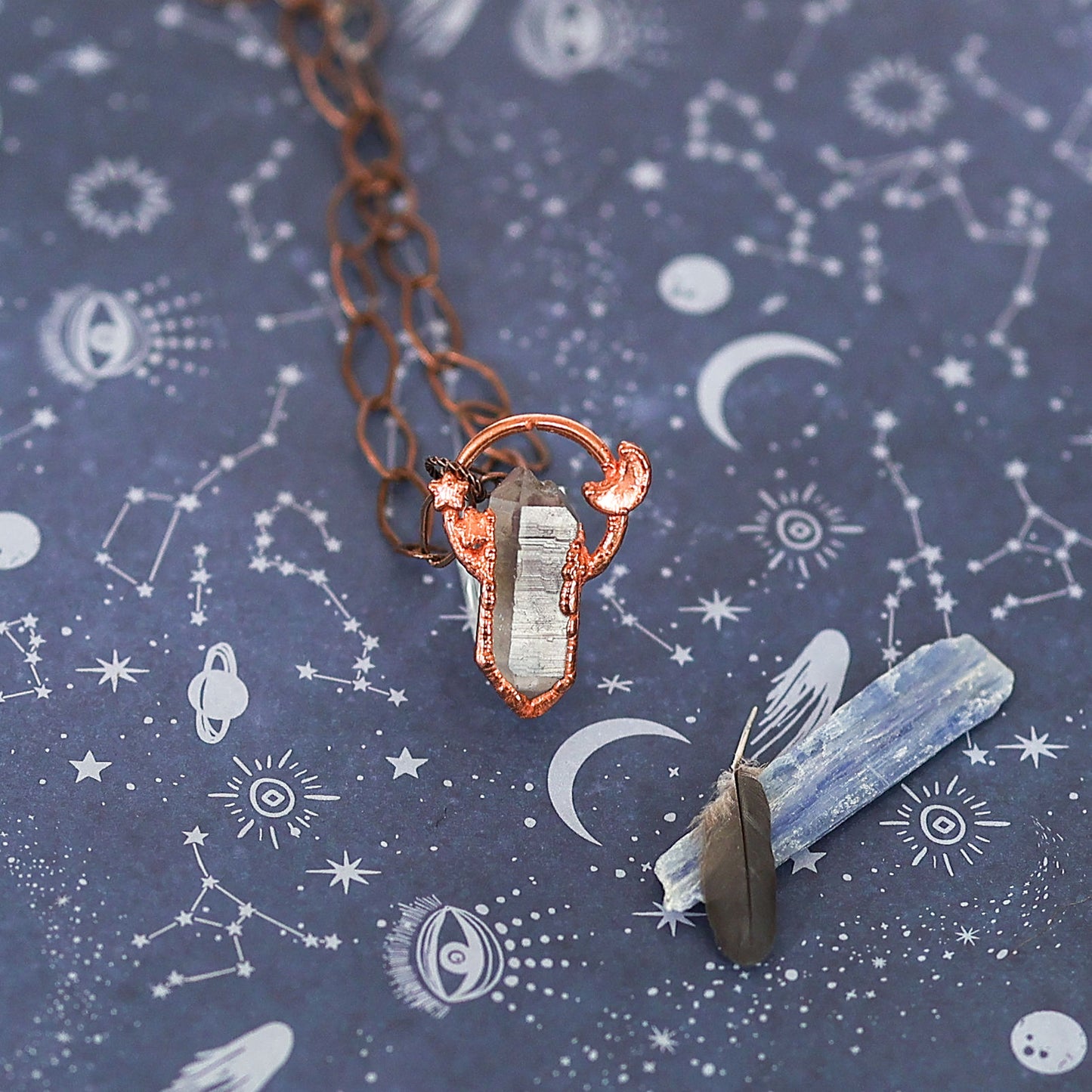 Lepidolite garden quartz crystal point copper moon necklace 