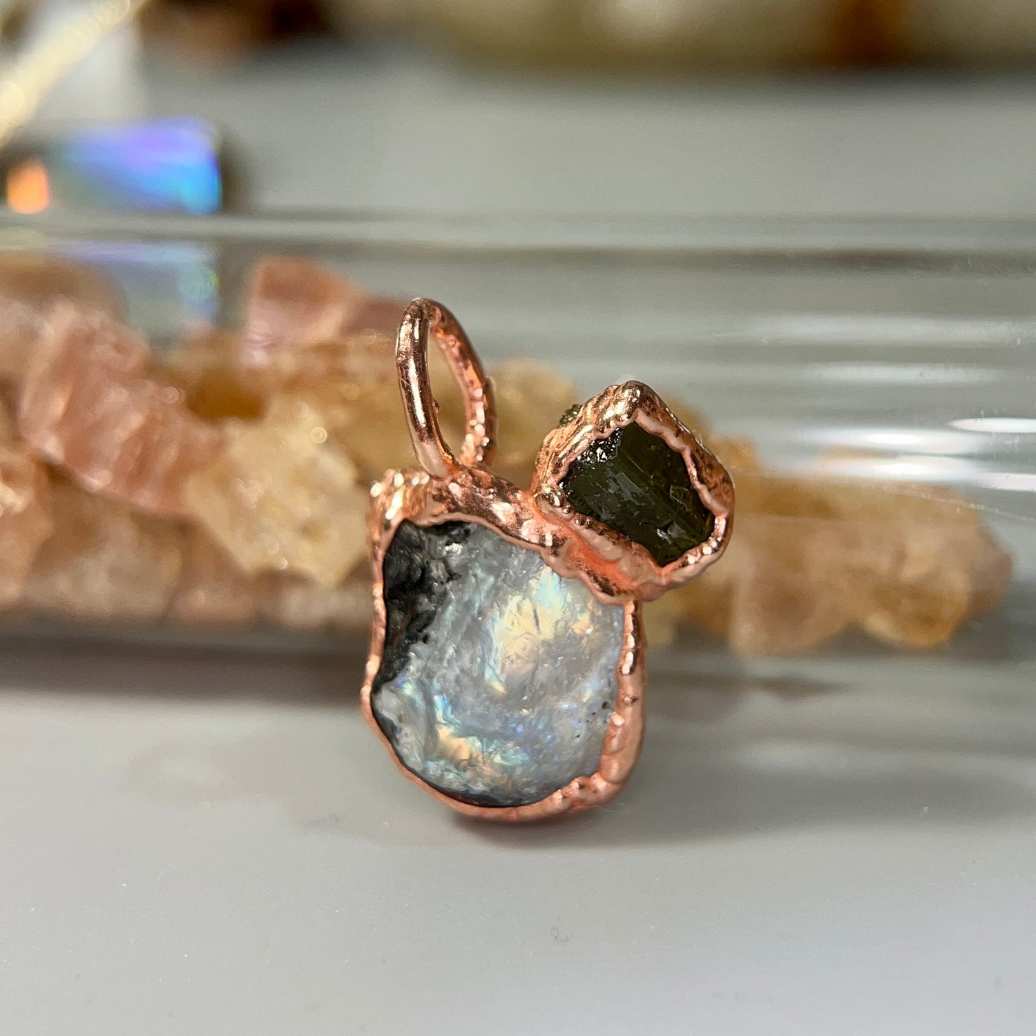 Handmade moonstone and tourmaline healing crystal necklace 