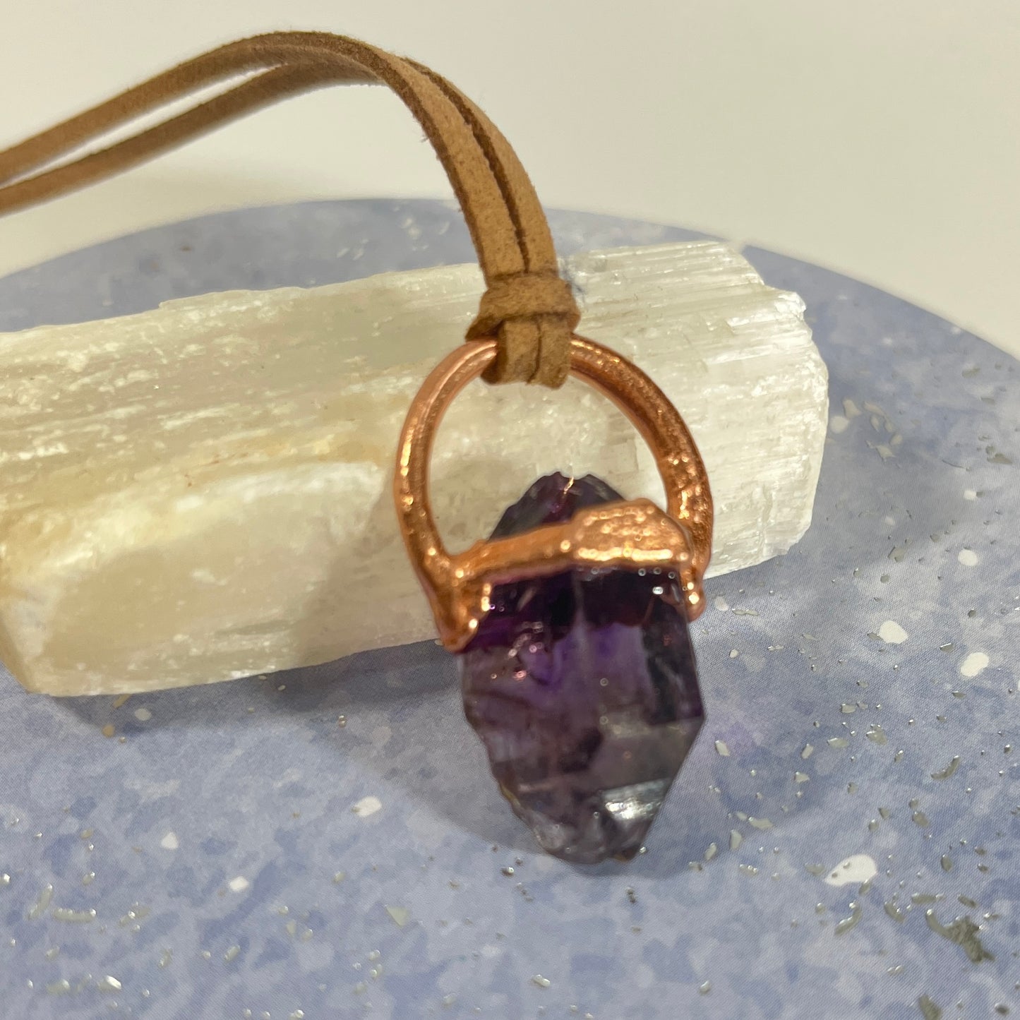 Smoky, amethyst and copper crystal necklace for women and men ￼