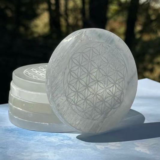 Selenite Crystal Cleansing Plate energizing etchings