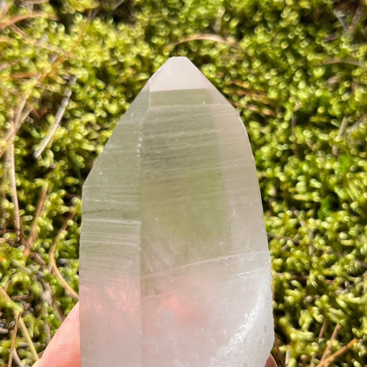 Clear quartz crystal point with akashic records throughout.