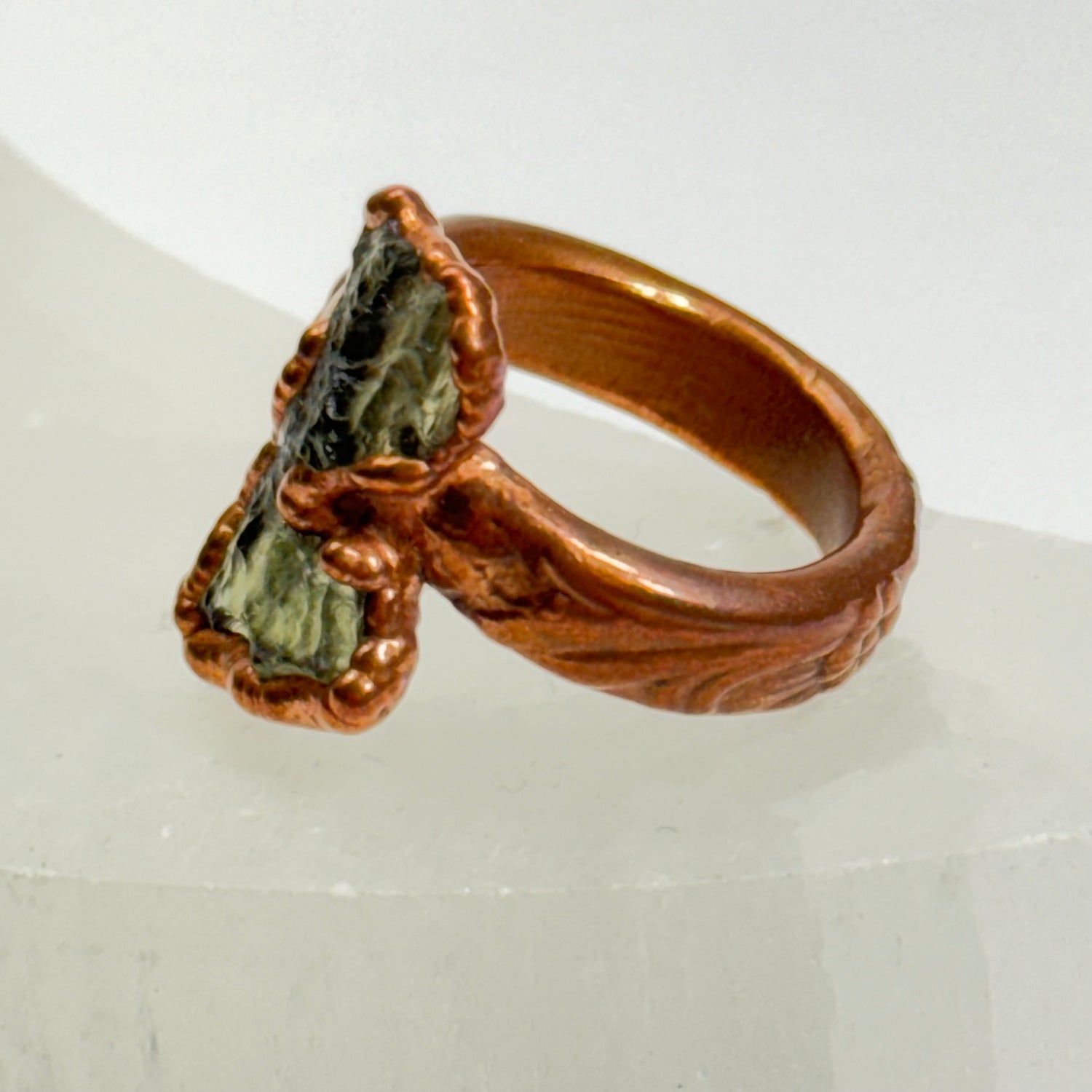 Green Moldavite crystal ring large guys jewelry 