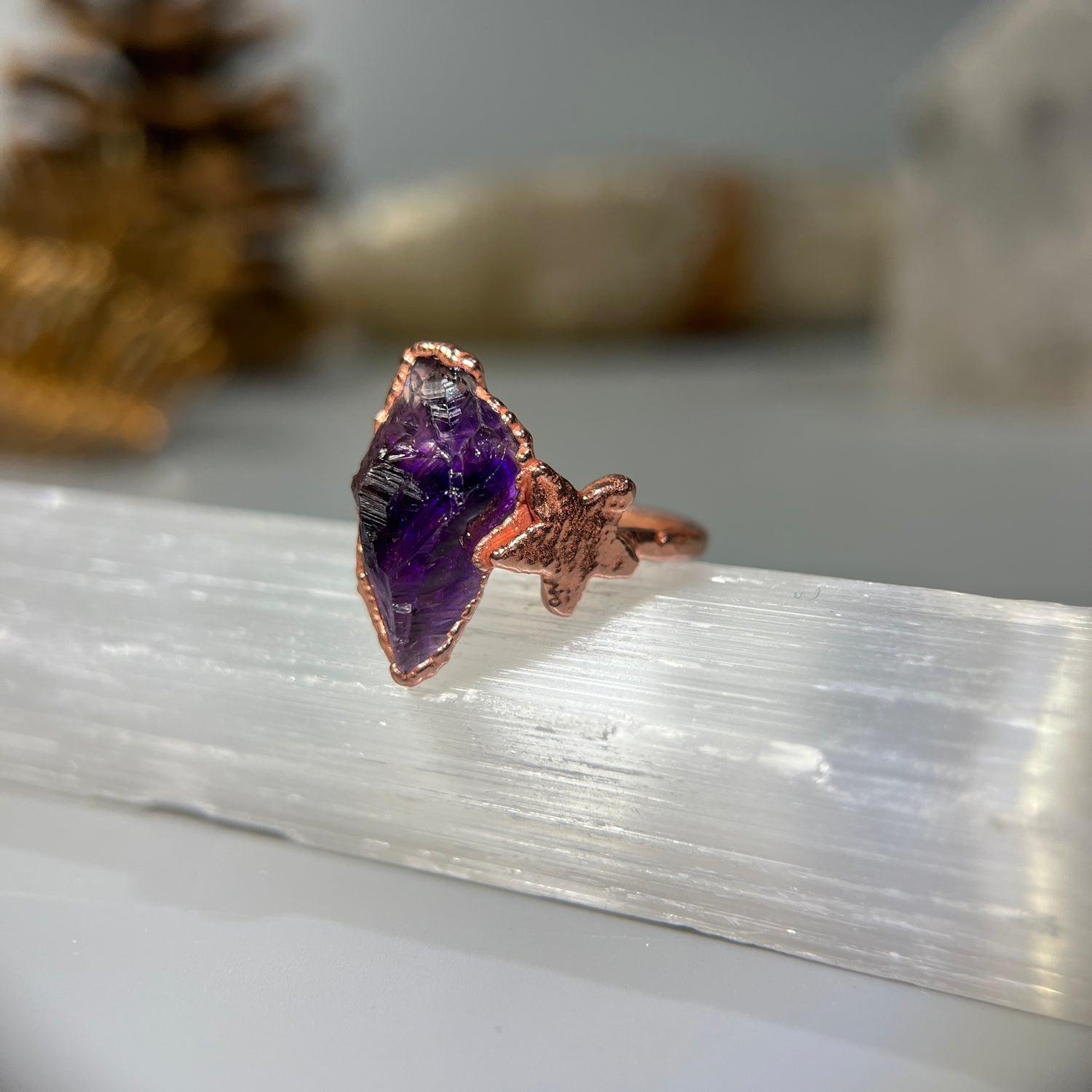 Purple amethyst crystal ring copper star 