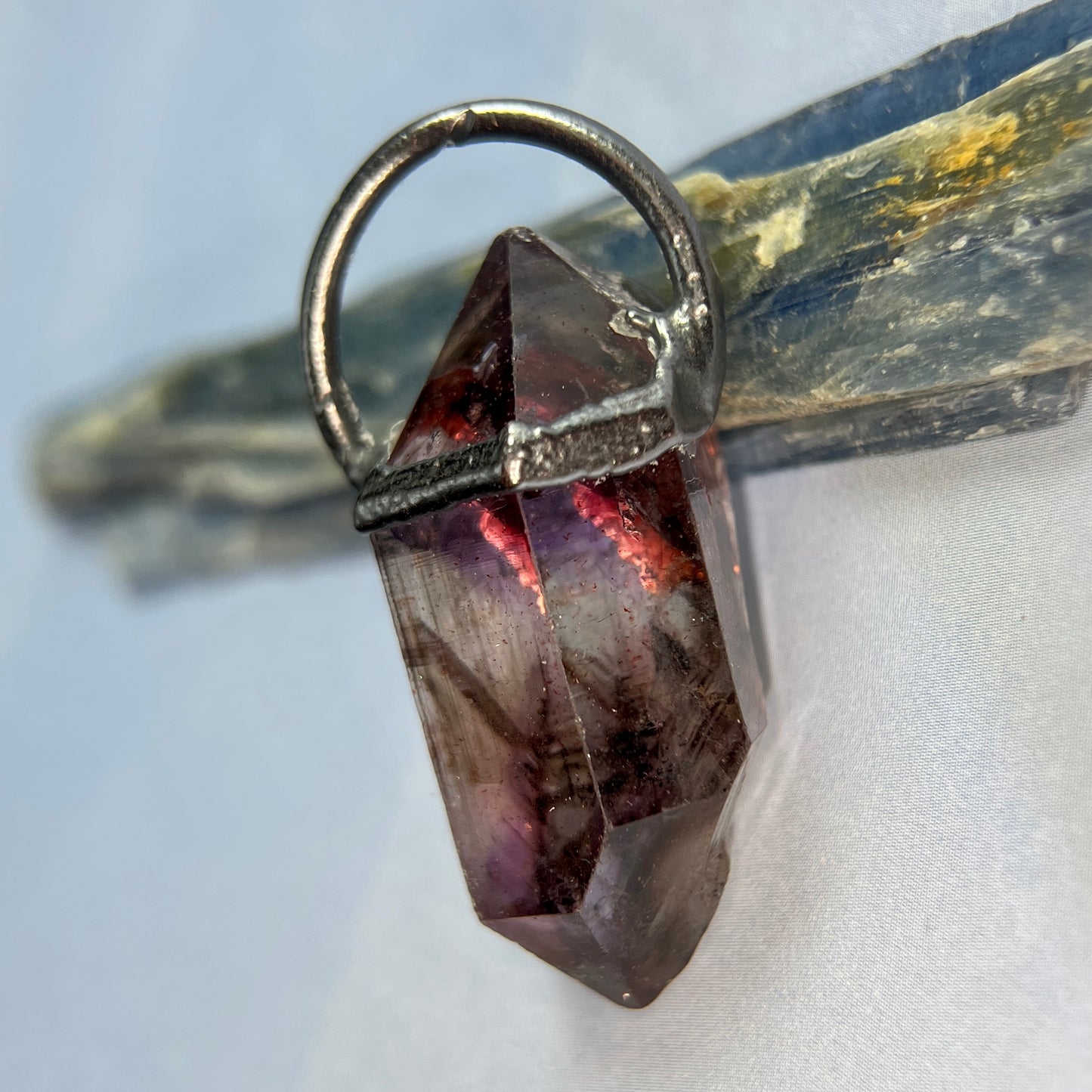 Double terminated smoky quartz amethyst crystal necklace 