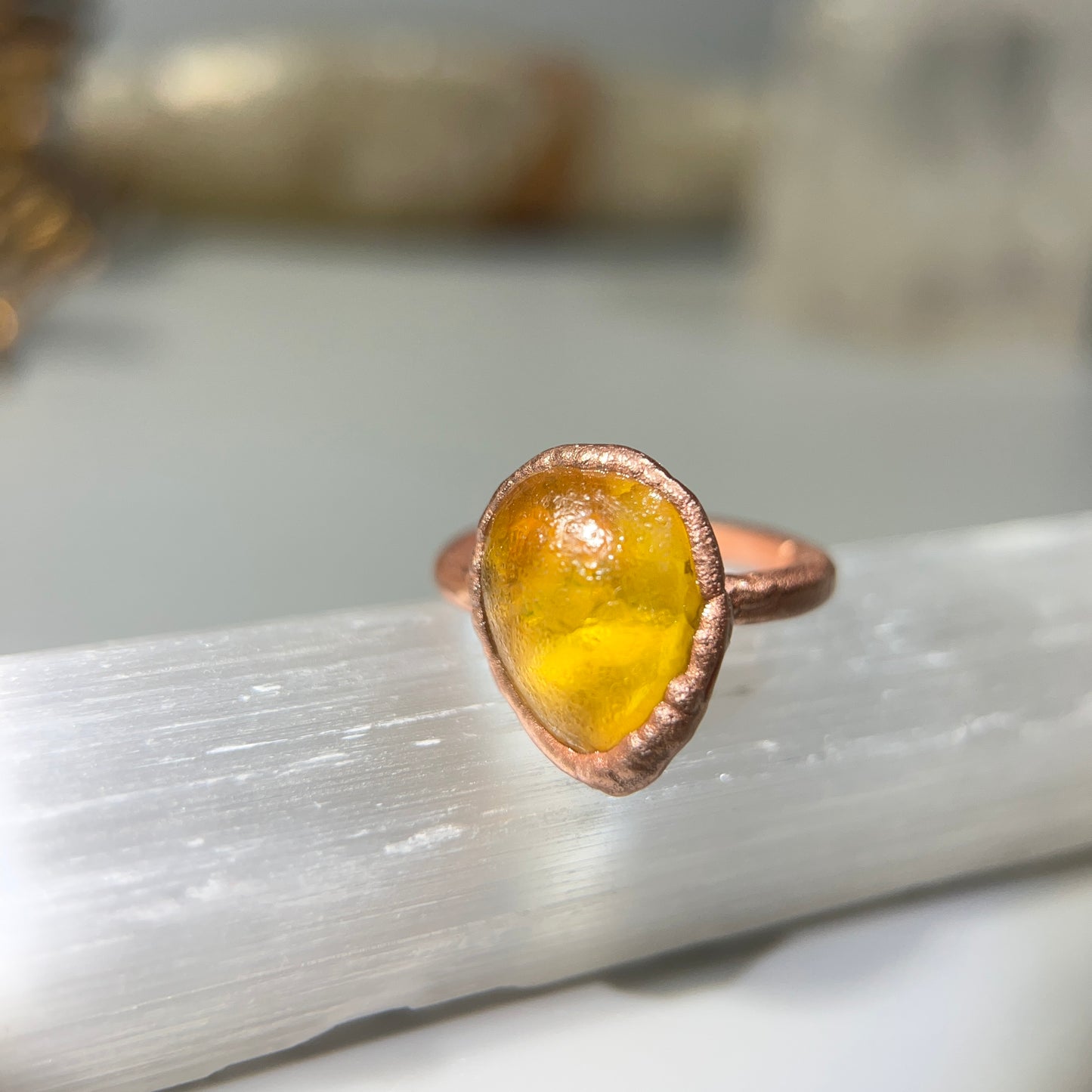 Handmade healing crystal ring real honey amber size seven and half