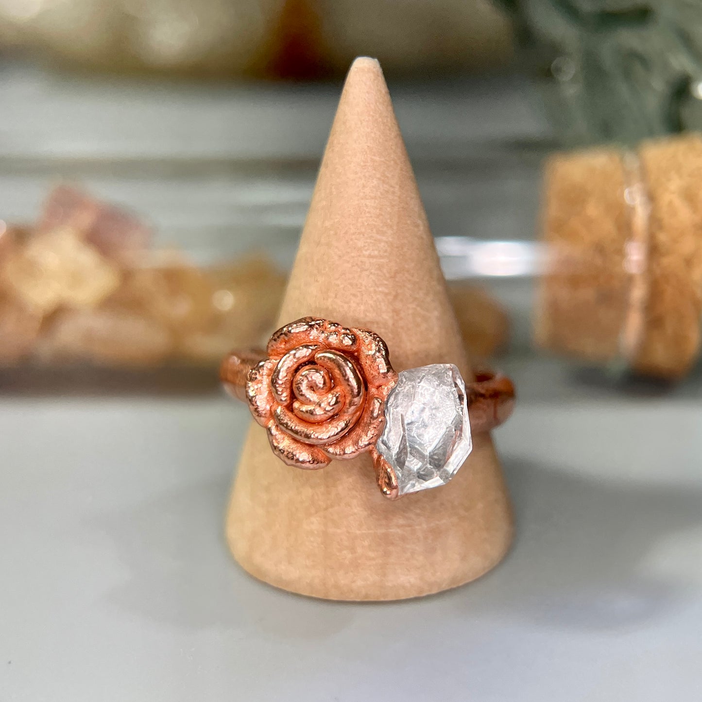 Handmade healing crystal ring copper rose and quartz Herkimer 
