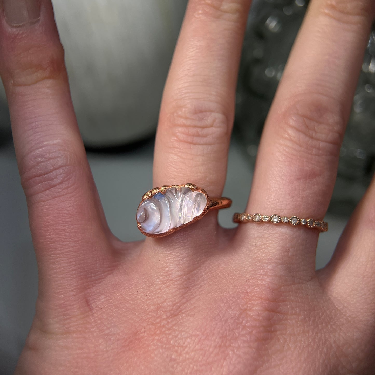 Carved Rose Quartz Ring Size 7.5