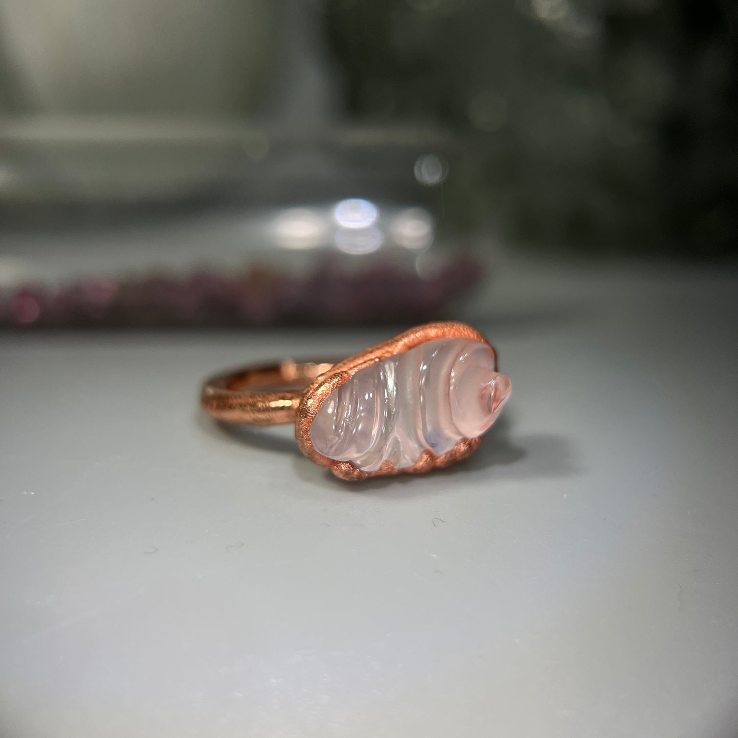 Carved Rose Quartz Ring Size 7.5