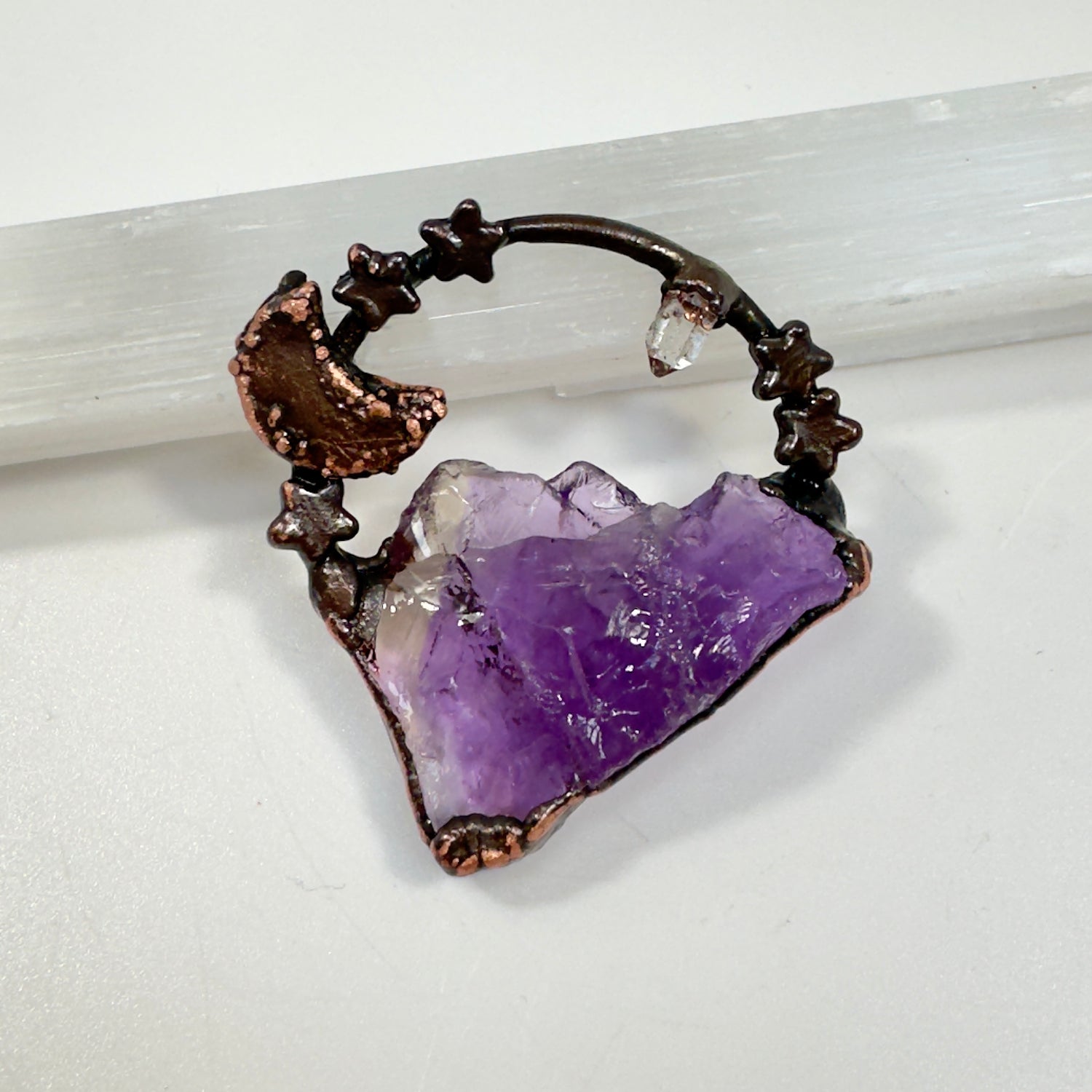 Copper, electroform, purple crystal necklace with Herkimer diamond