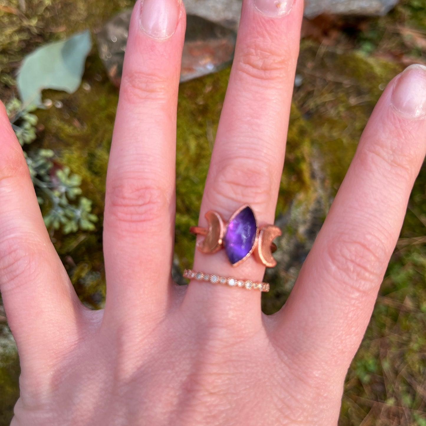 Double Luna Amethyst Crystal Ring Size 9