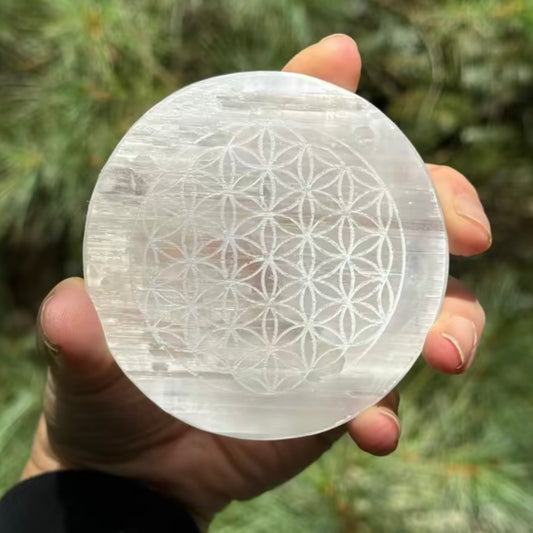 Selenite Crystal Cleansing Plate energizing etchings