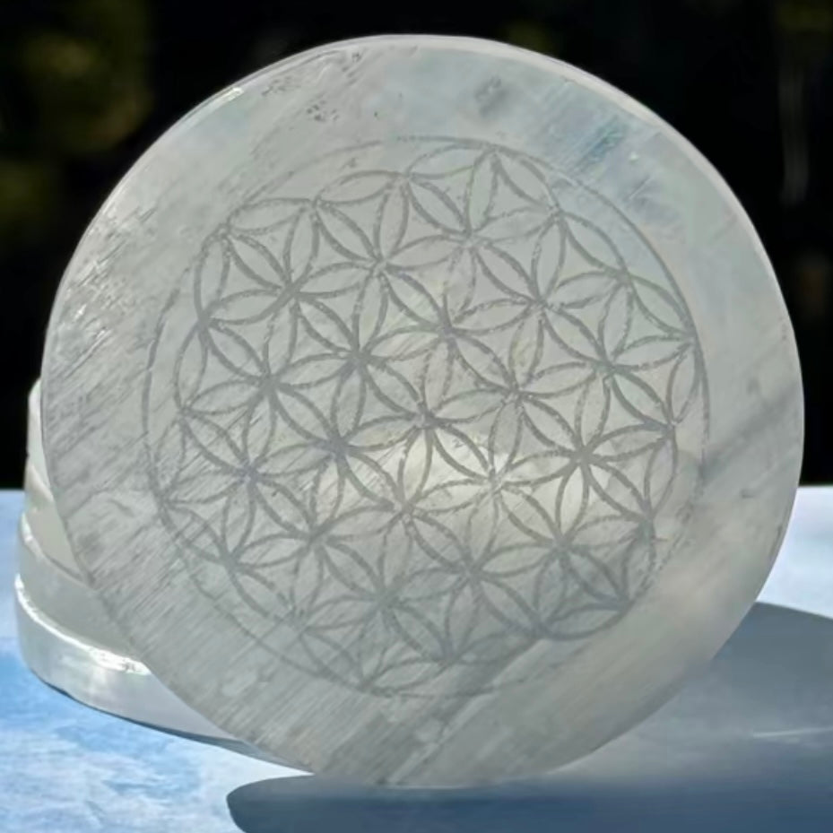 Selenite Crystal Cleansing Plate energizing etchings