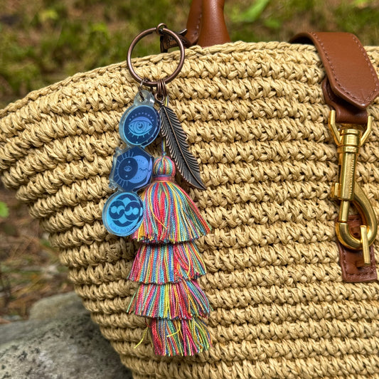 Boho crystal bag charm rainbow tassel 