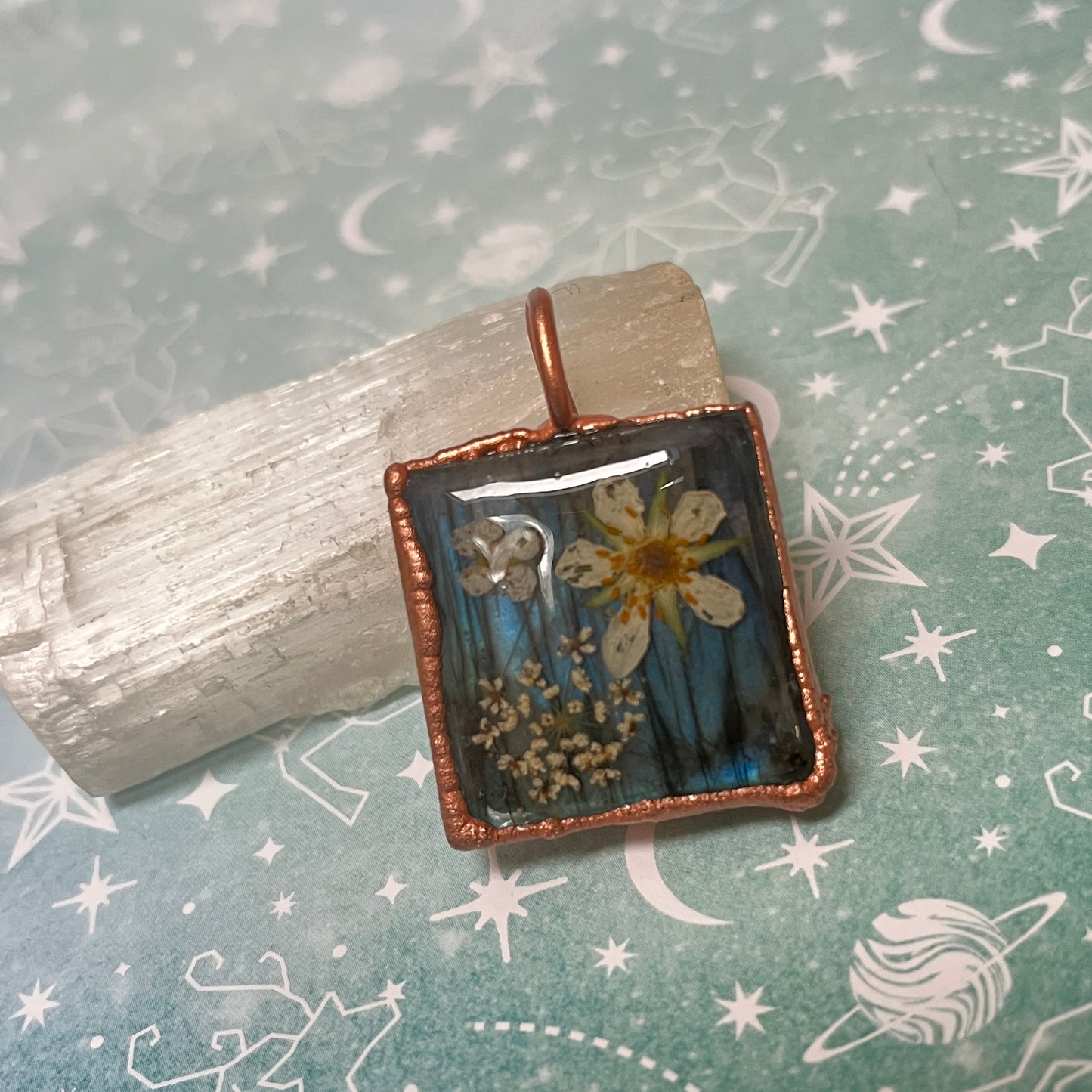 labradorite crystal and Vermont wildflowers pendant