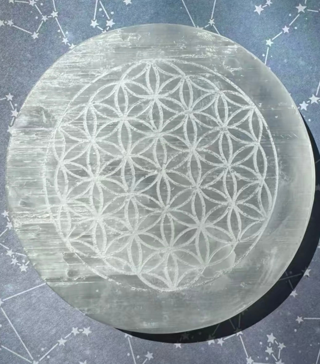 Selenite Crystal Cleansing Plate energizing etchings