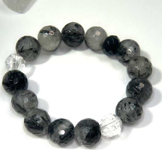 ￼ Tourmalated Quartz faceted crystal bracelet handmade 