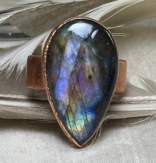 Cooper electroform natural Labradorite crystal boho ring