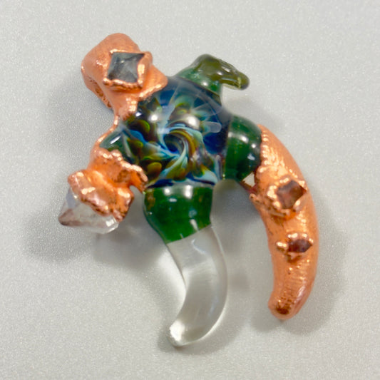 Handblown glass pendant adorned with Moldavite Herkimer crystals
