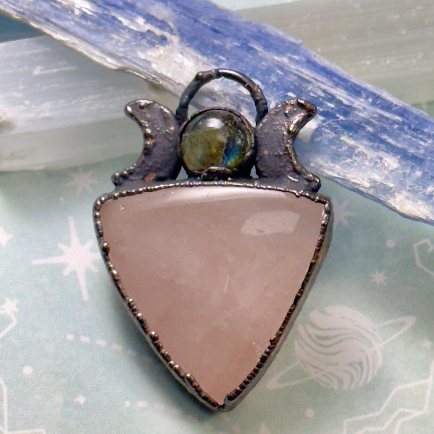 Lunar labradorite a top a healing crystal triangle rose quartz necklace