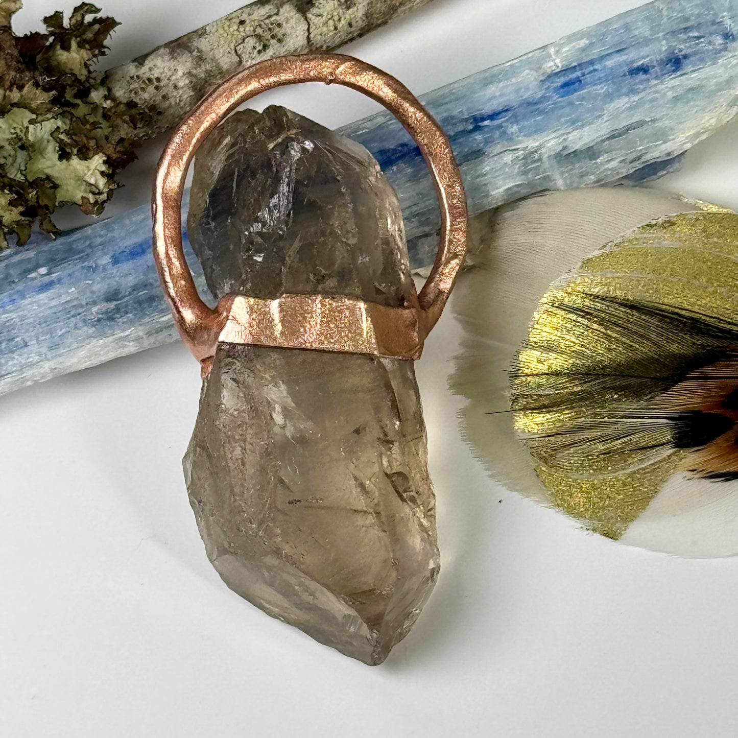 Unisex handmade healing crystal necklace with copper and rutile and smoky quartz 