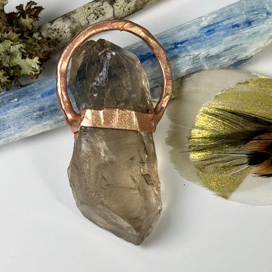 Unisex handmade healing crystal necklace with copper and rutile and smoky quartz