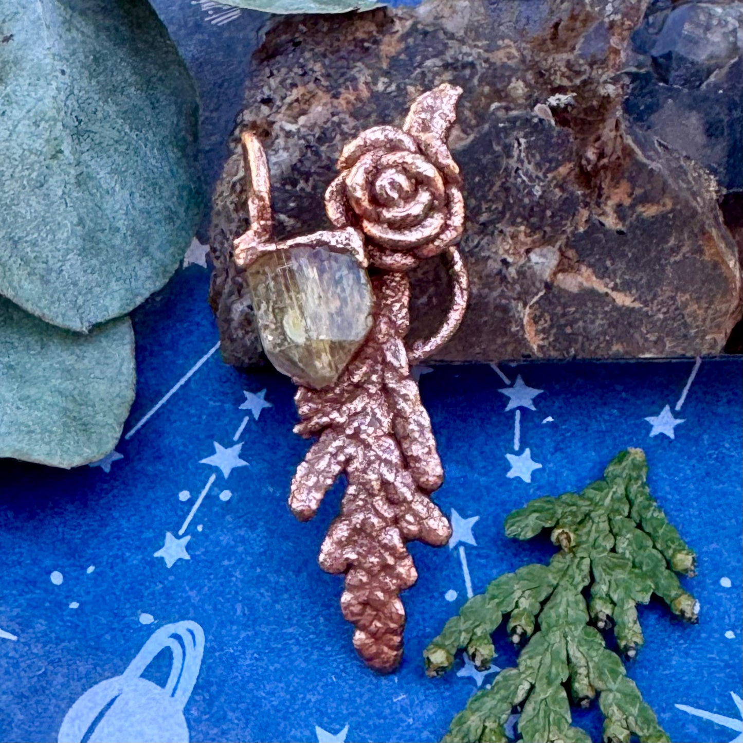 handmade electroformed copper topaz crystal rose pendant