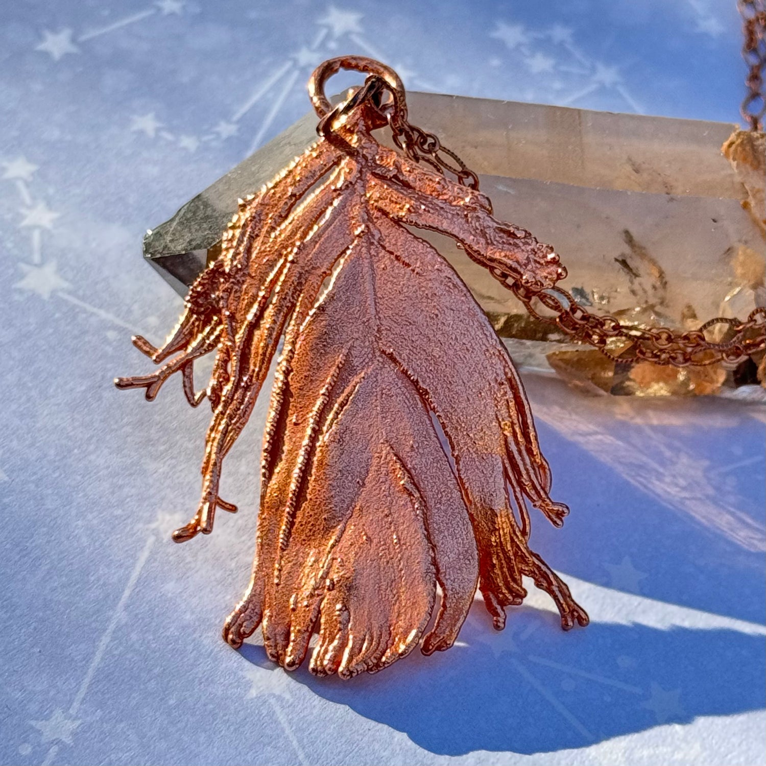 handmade copper electroformed feather pendant necklace 