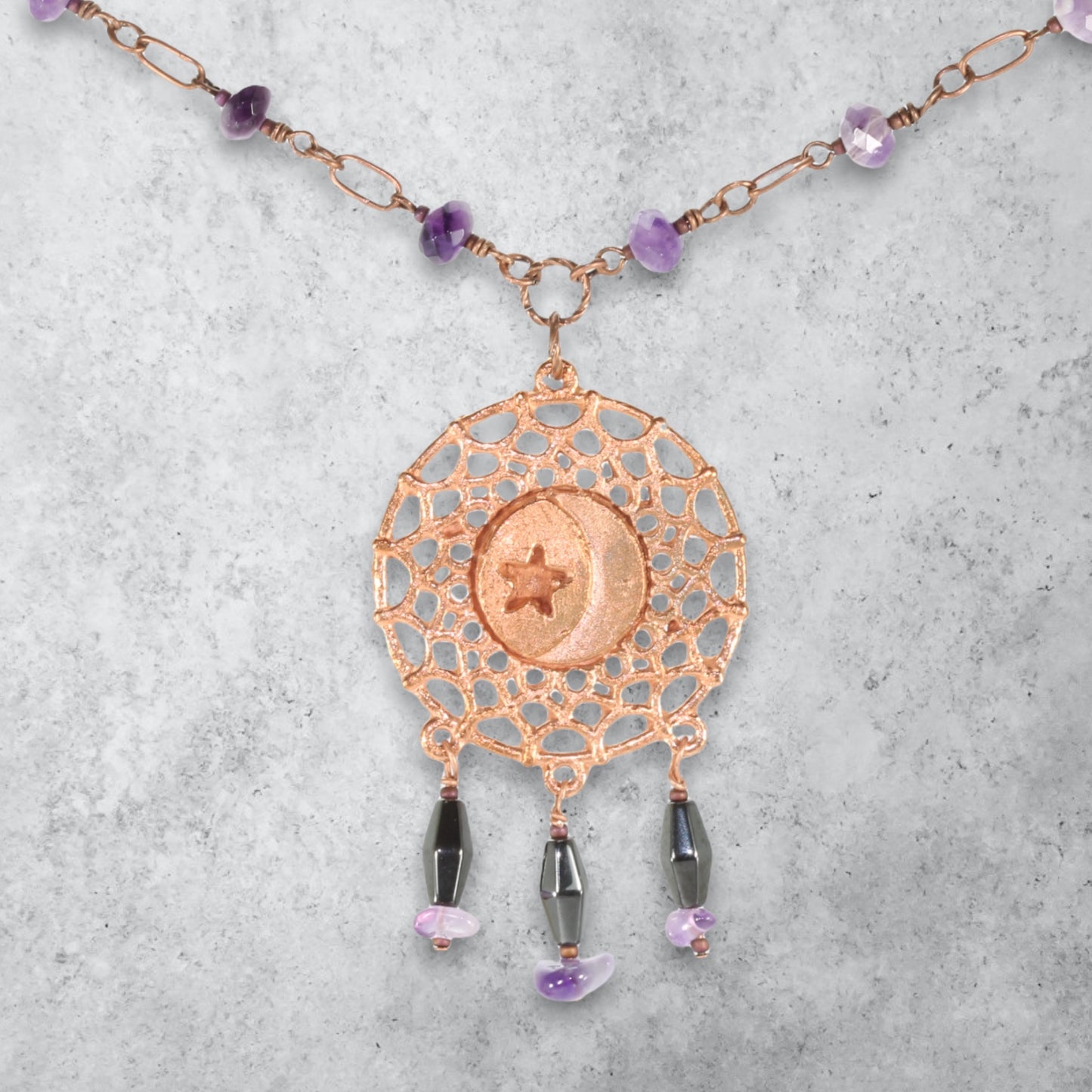 Lunar dreamcatcher amethyst crystal necklace 