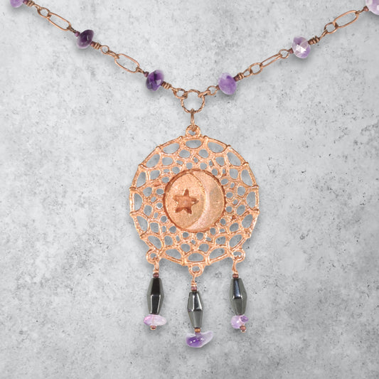Lunar dreamcatcher amethyst crystal necklace