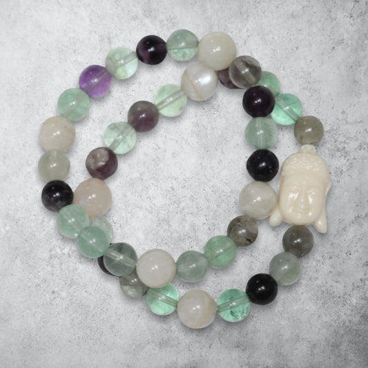 Rainbow fluorite moonstone round bead stack bracelet set yoga inspired
