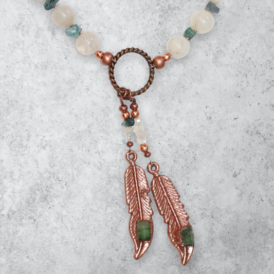 Round moonstone beaded necklace with Electroformed feathers and green tourmaline