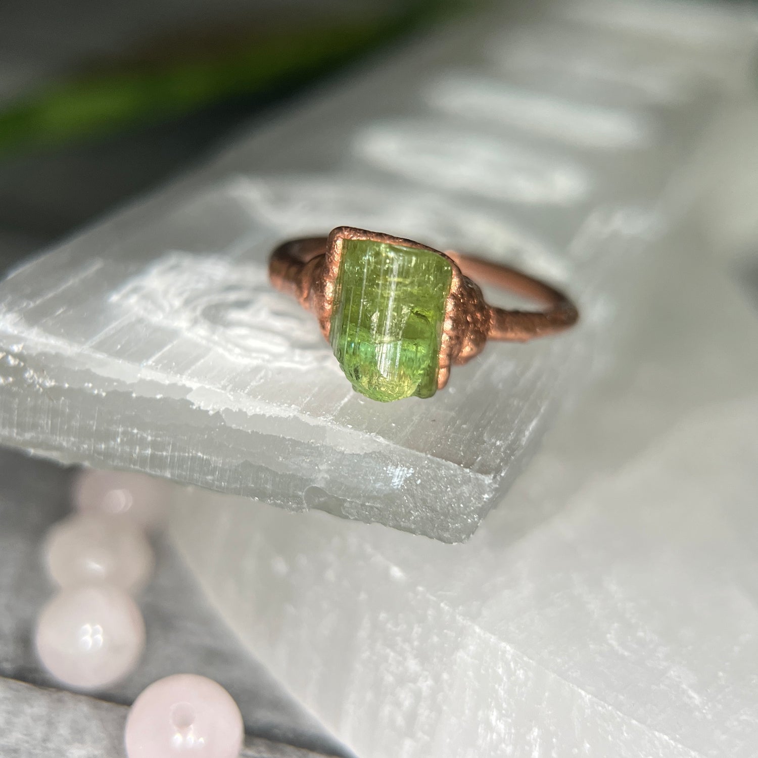 Green tourmaline crystal ring in copper size xs 4 four