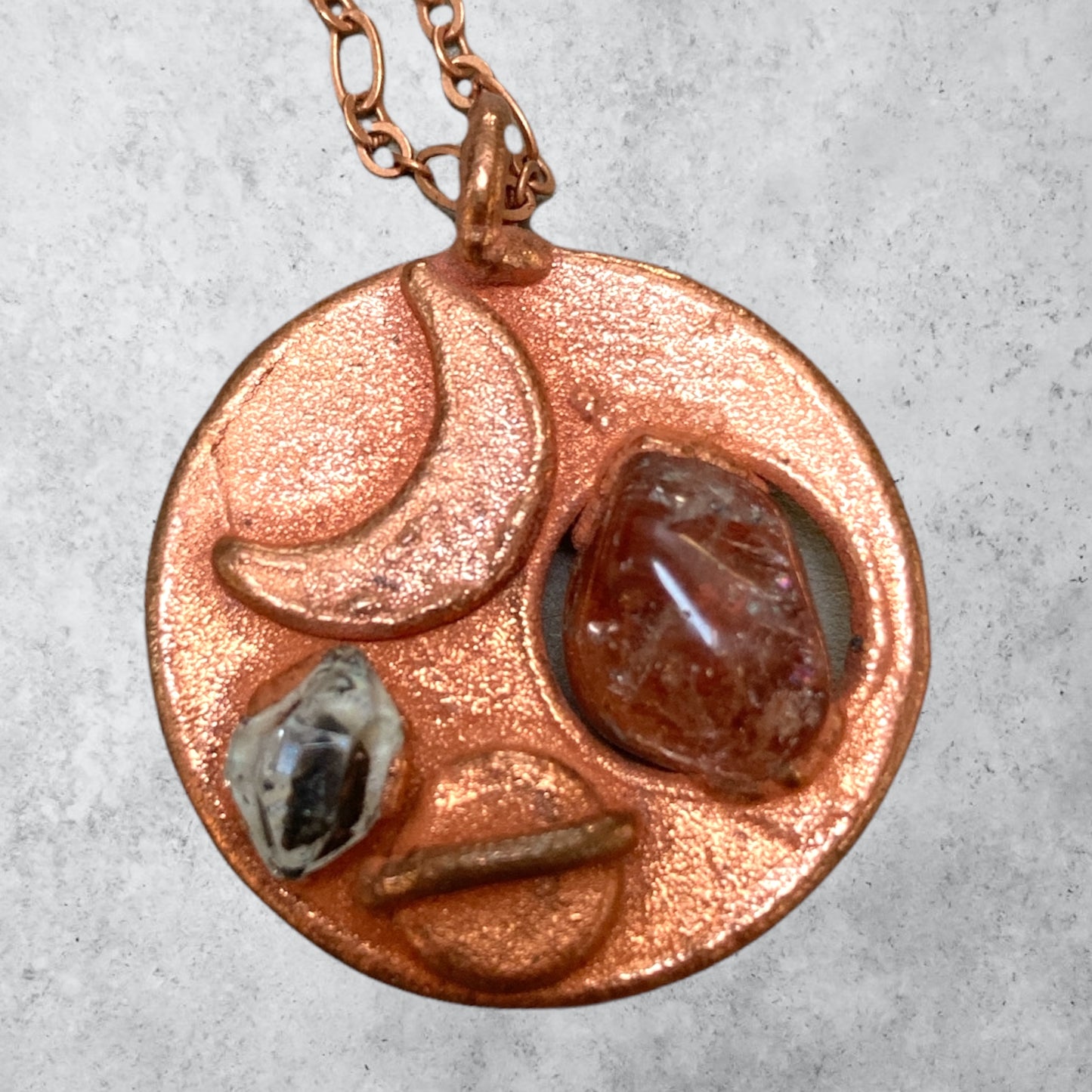 Space Pendant with a moon, planet, golden topaz Brazilian crystal and Herkimer Diamond Handmade Electroformed