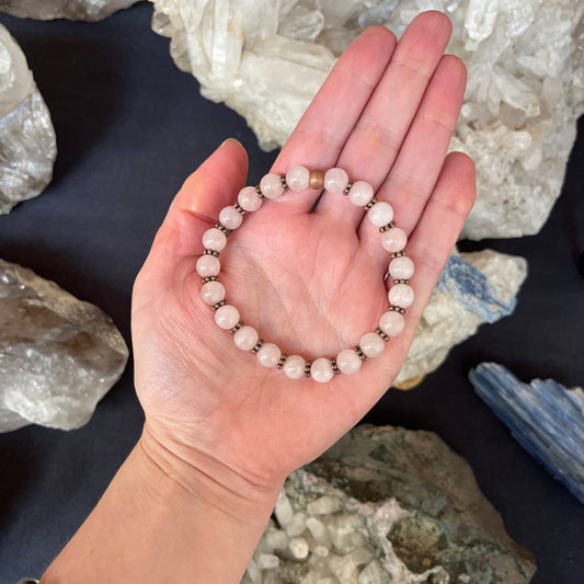 Handmade, rose, quartz, beaded stack, crystal bracelet ￼