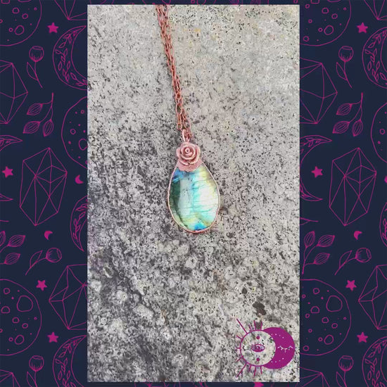 copper rose with a flashy labradorite pendant, crystal necklace. Handmade and electroformed. 