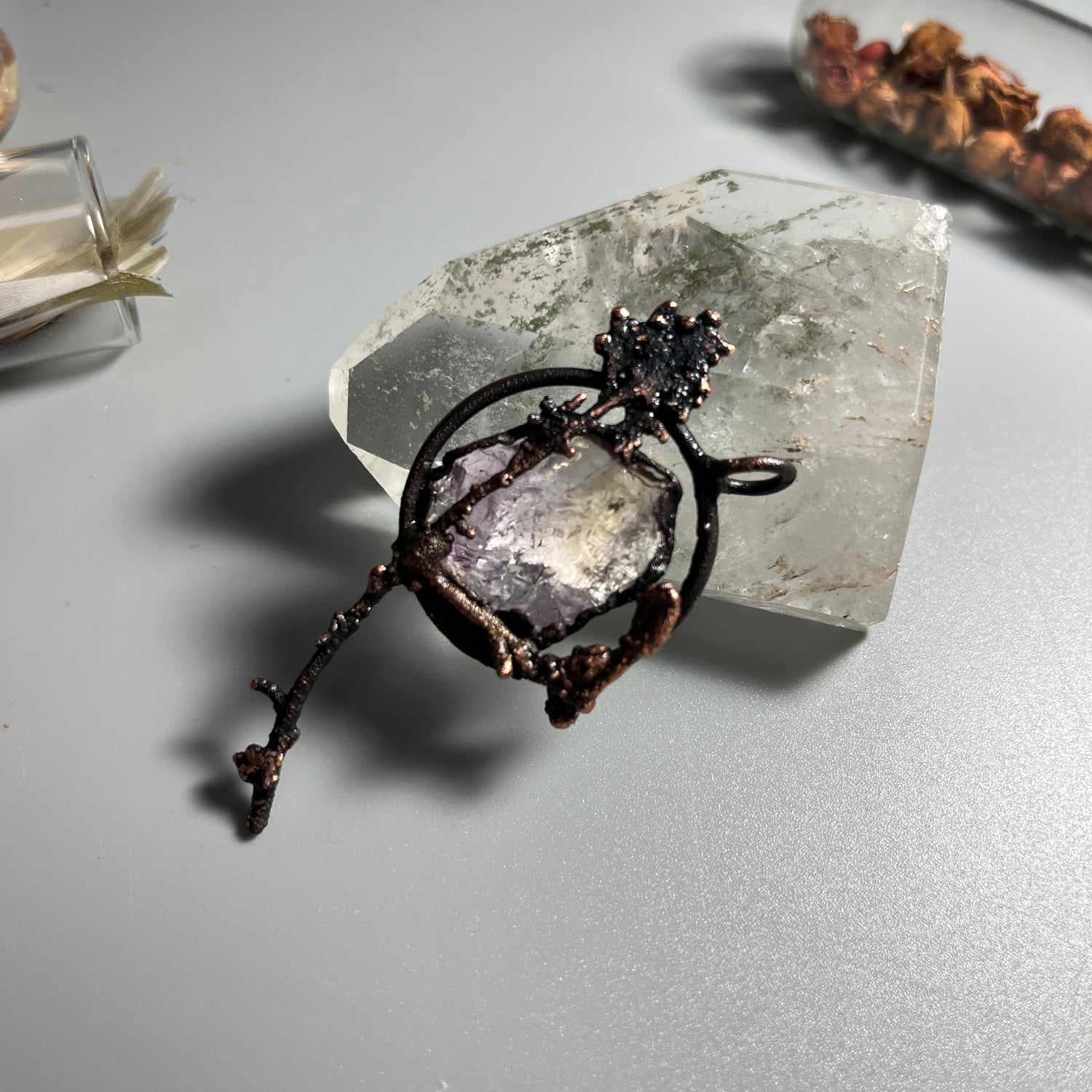 dark witchy real wildflower necklace with healing crystal ametrine