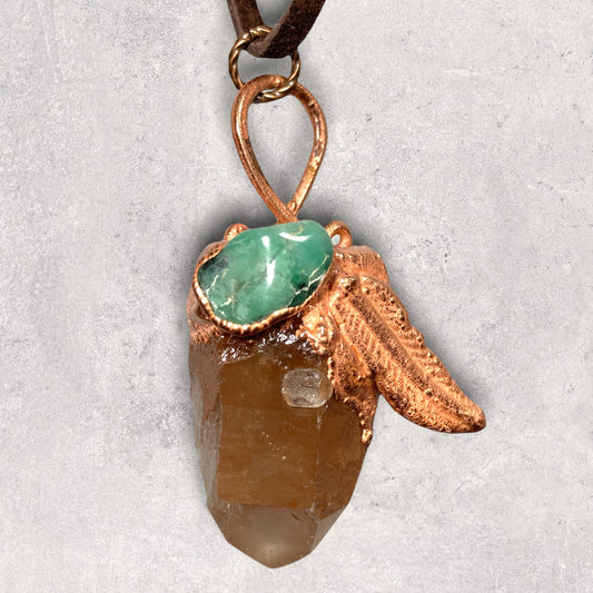 Copper Electroformed Crystal Necklace Quartz + Emerald