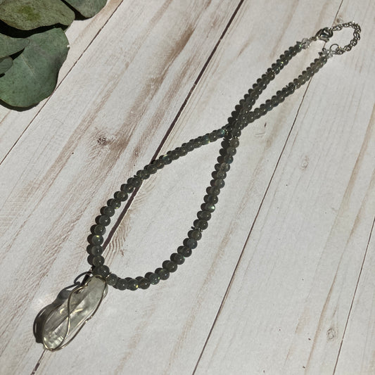 Quartz Point Pendant on Beaded Labradorite Crystal Necklace