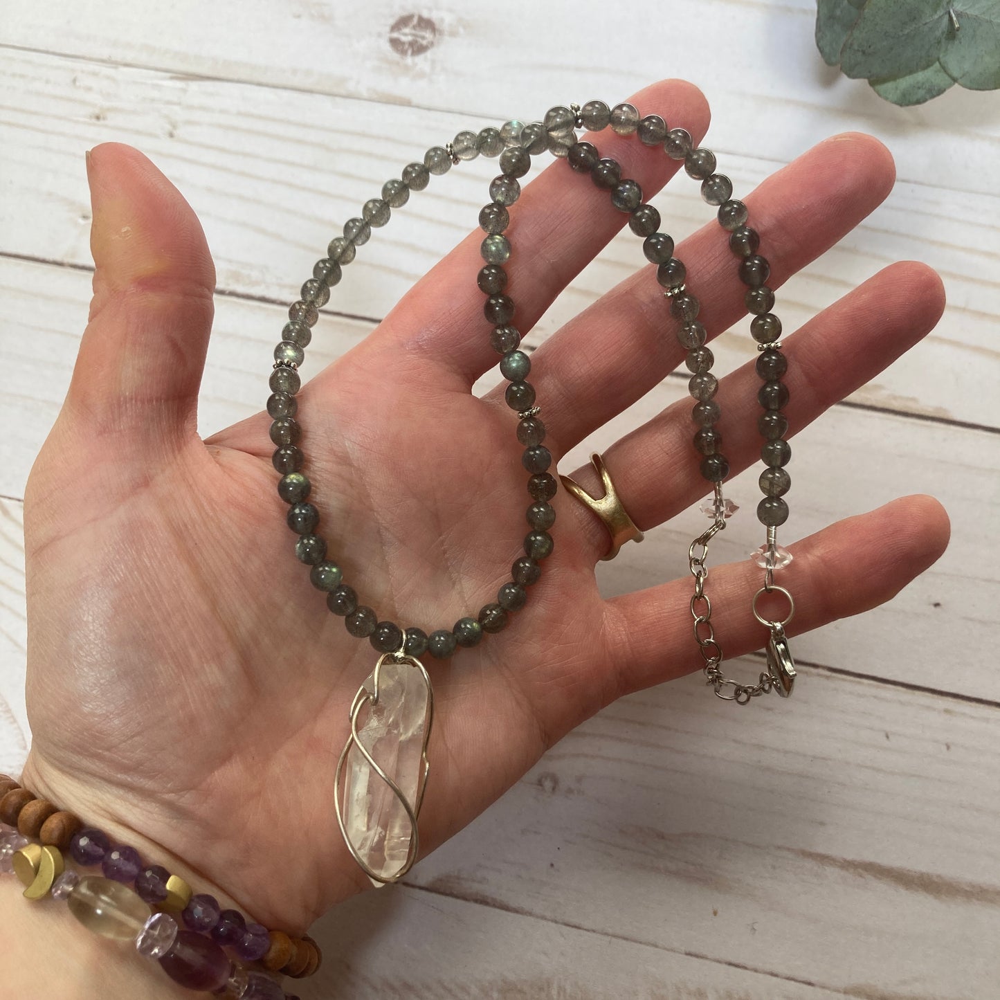 handmade wire wrapped quartz with labradorite bead necklace