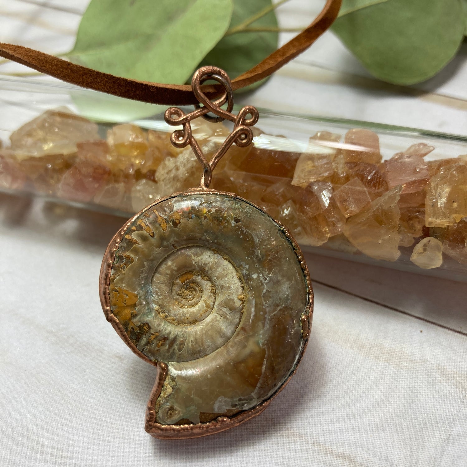 Split Ammonite Fossil Shell Pearl Pendant Copper Wire Wrap Artisan
