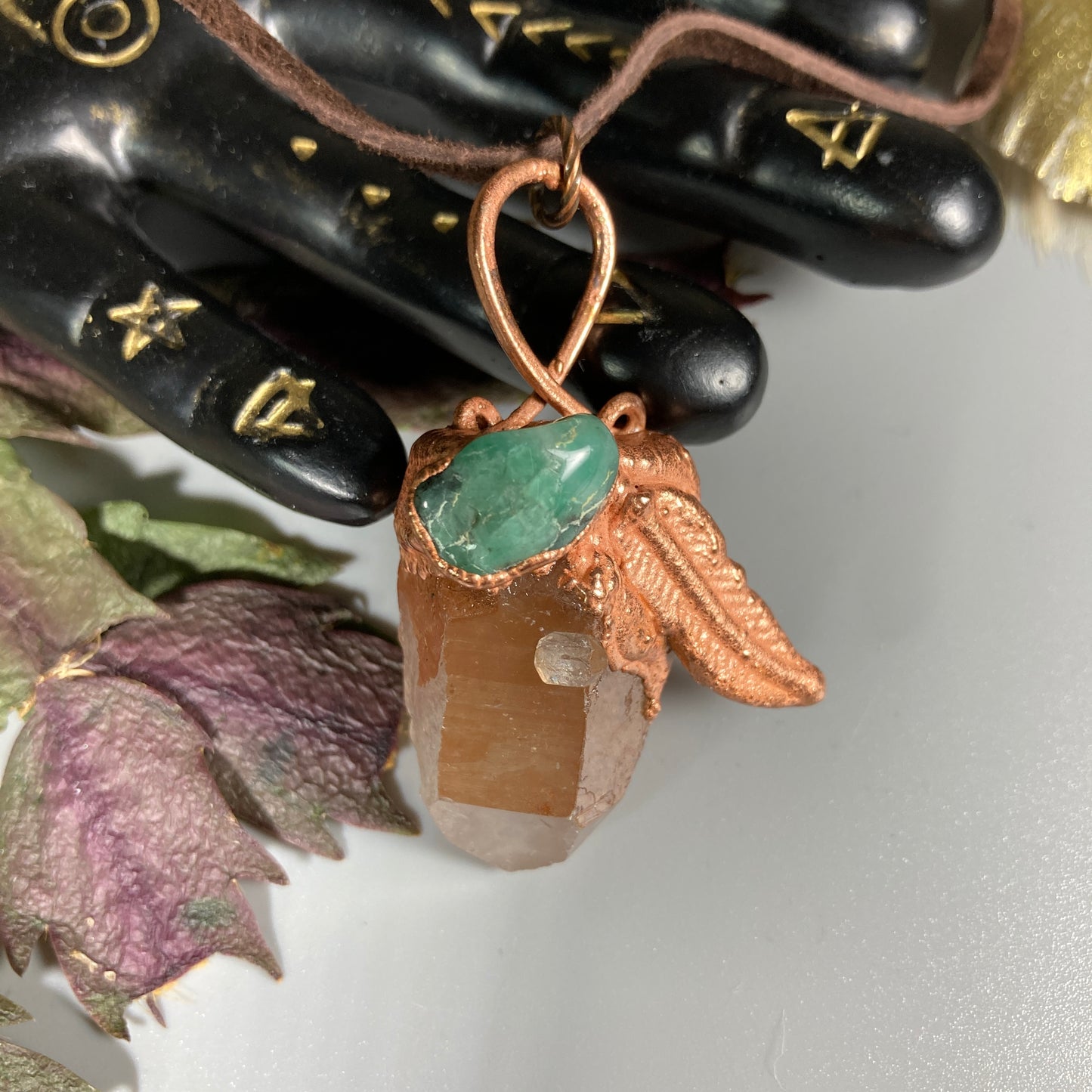Copper Electroformed Crystal Necklace Quartz + Emerald